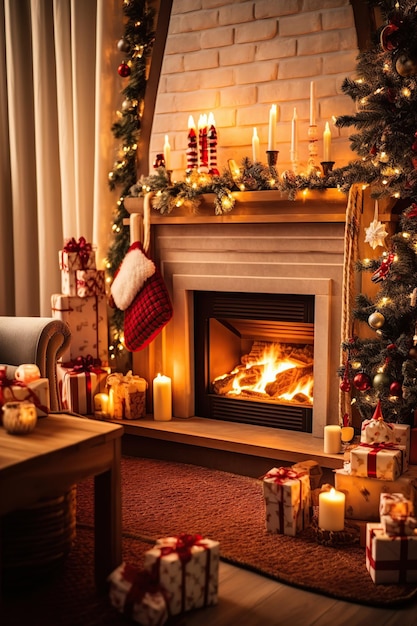 Cozy living room with fireplace on Christmas time AI Generated