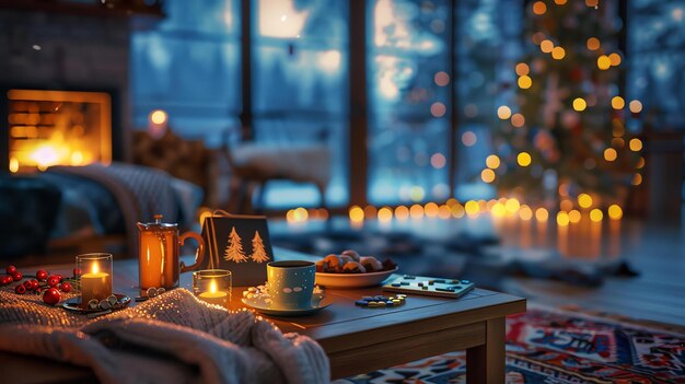 A cozy living room with a fireplace a Christmas tree and a table set with tea and cookies