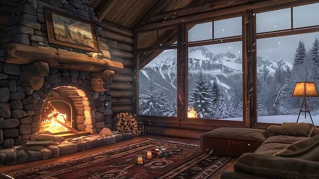 A cozy living room with a fireplace a comfortable couch and a view of the snowy mountains outside