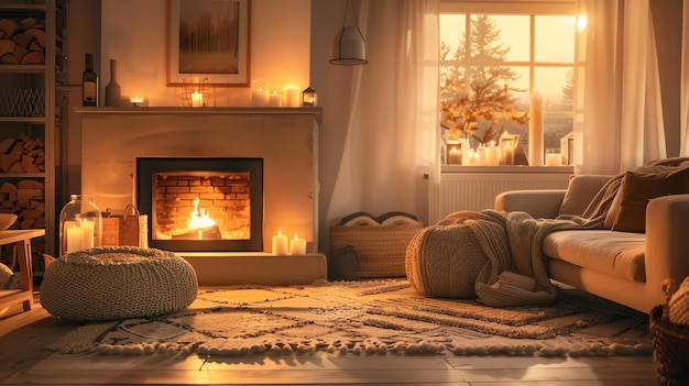 A cozy living room with a fireplace and a couch with a throw blanket