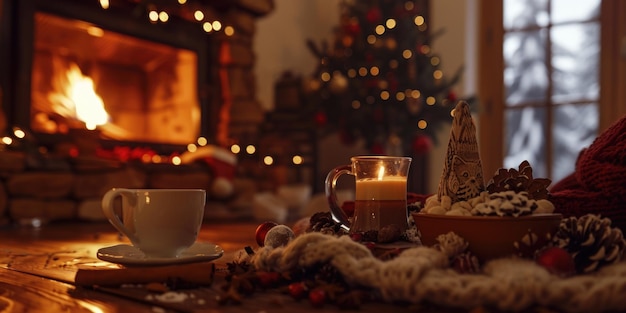 A cozy living room with a fireplace a cup of coffee and a Christmas tree