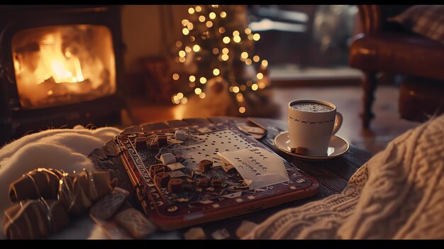 Photo a cozy living room with a fireplace a decorated christmas tree and a cup of hot chocolate on the table