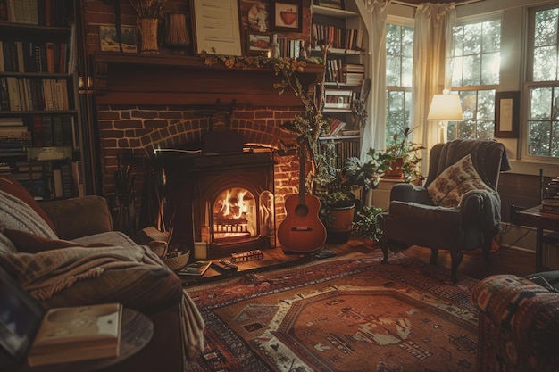 Cozy living room with fireplace ideal for a woman to relax unwind in the warm peaceful ambiance aig