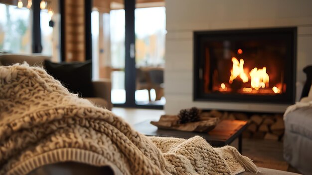 Photo cozy living room with a fireplace and a knitted blanket on the couch