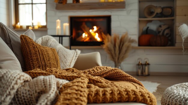 Photo cozy living room with fireplace and knitted blankets