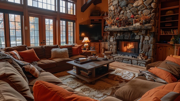 A cozy living room with a fireplace and a large comfortable sofa The room is decorated in warm colors and has a rustic feel