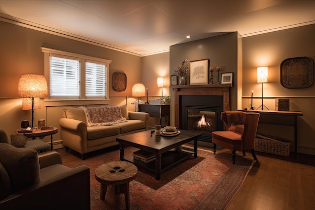 Cozy living room with fireplace plush seating and warm lighting