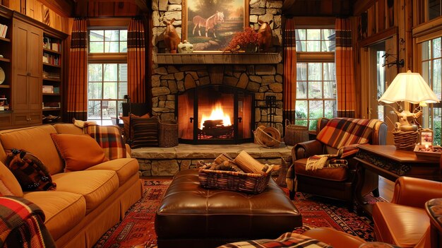 A cozy living room with a fireplace The room is decorated in warm colors and has a rustic feel