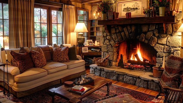 A cozy living room with a fireplace sofa and armchairs The fireplace is lit and there is a fire crackling inside