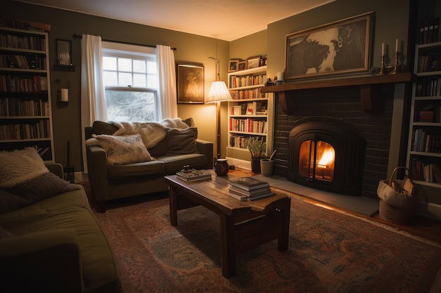 Cozy living room with fireplace throw blanket and good book