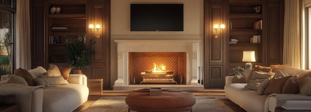 Photo cozy living room with fireplace and two couches