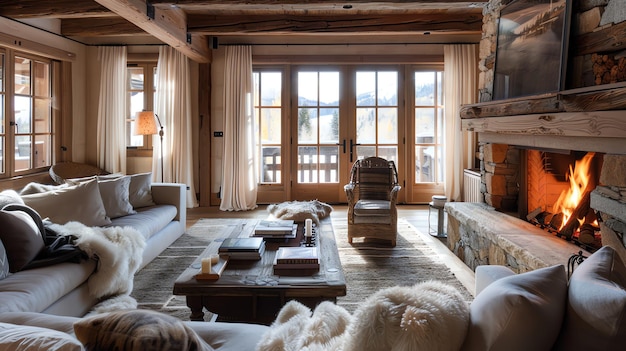 A cozy living room with a fireplace a view of the mountains and a large couch