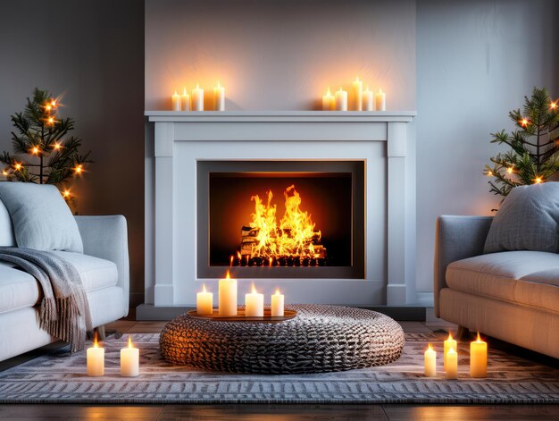 Photo cozy living room with fireplace and warm candlelight for winter holidays perfect for relaxation