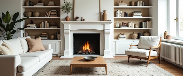 Photo cozy living room with fireplace and white sofa