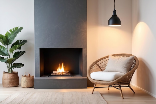 Photo cozy living room with fireplace and wicker chair