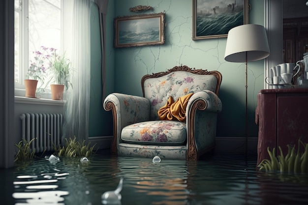 Cozy living room with floral armchair in flooded flat interior created with generative ai