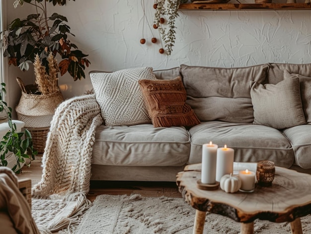 Photo cozy living room with furniture and candles