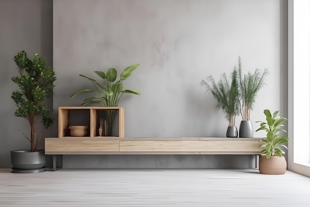 Cozy living room with green plants and mockup concrete wall Generative AI