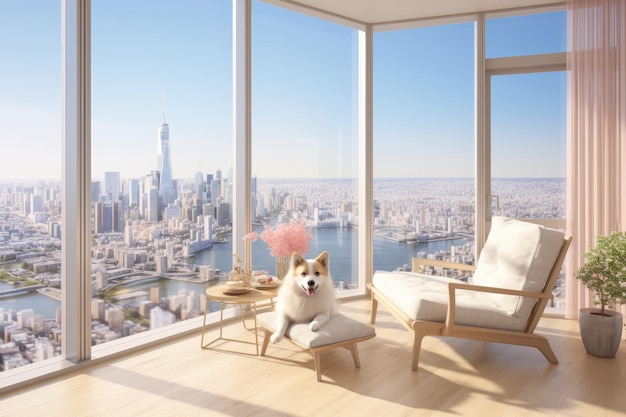 Cozy living room with happy family dog and stunning city view for a warm and joyful ambiance