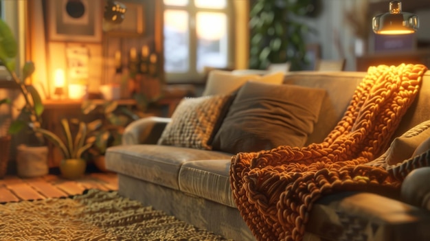 Photo cozy living room with knitted blanket and warm lighting