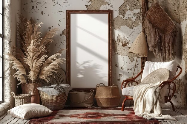 A cozy living room with a large framed mirror wicker chair and pampas grass