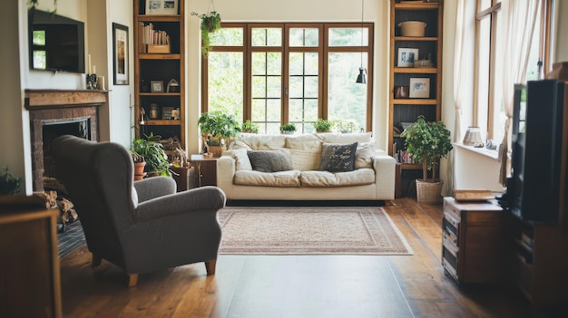 Cozy living room with large windows plants and comfortable sofa creating a warm atmosphere in a sunny space during the day