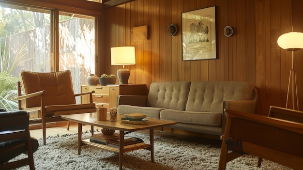 A cozy living room with a midcentury modern vibe adorned with warm wood furniture and retro revival