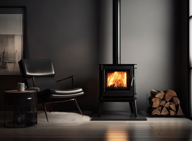 Cozy living room with modern fireplace and panoramic window with great view on the snowy mountains Concept of rest in houses or cabins on nature Solitude in nature and escape from everyday life