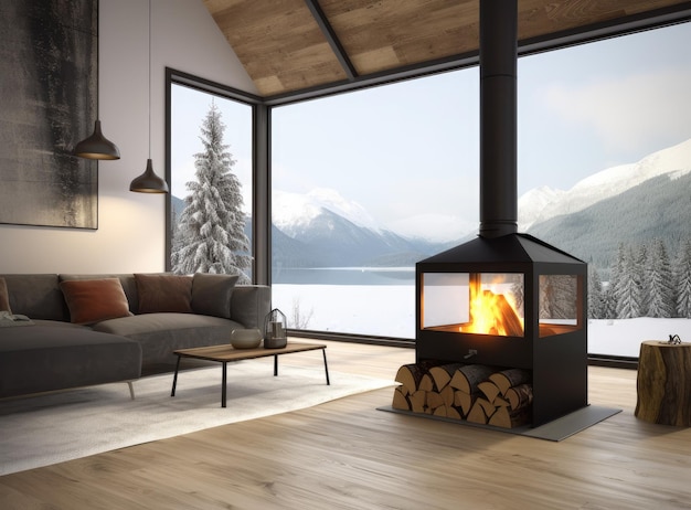 Cozy living room with modern fireplace and panoramic window with great view on the snowy mountains Concept of rest in houses or cabins on nature Solitude in nature and escape from everyday life