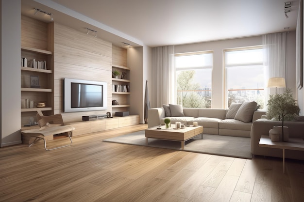 Cozy living room with modern furniture and a large flat screen TV created with Generative AI technology