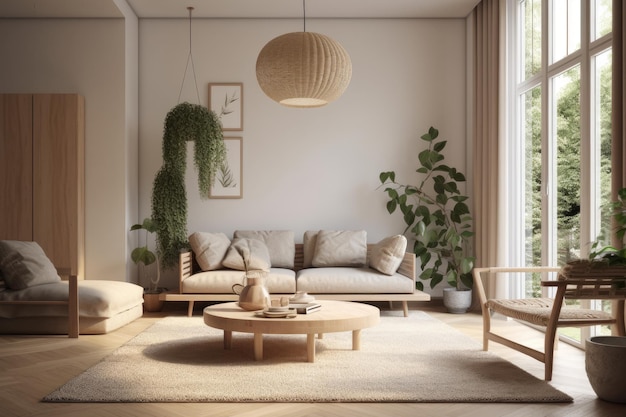 Cozy living room with natural lighting from a large window Generative AI