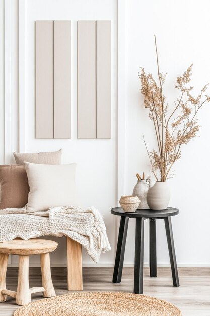 Photo cozy living room with neutral decor featuring natural elements and minimalist furnishings in a bright airy space