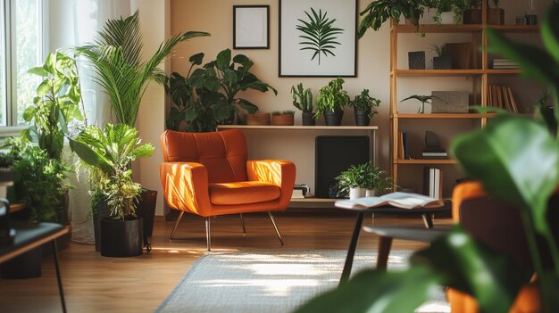 Photo cozy living room with an orange chair surrounded by plants in a sunlit space