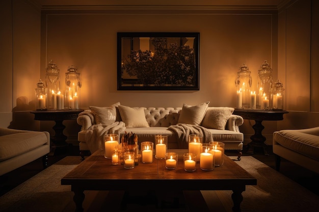 Cozy living room with plush sofas warm lighting and fragrant candles