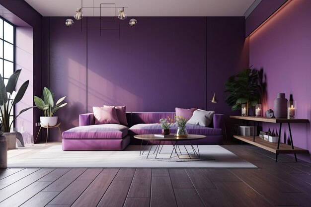 Cozy living room with purple walls and furniture Generative AI