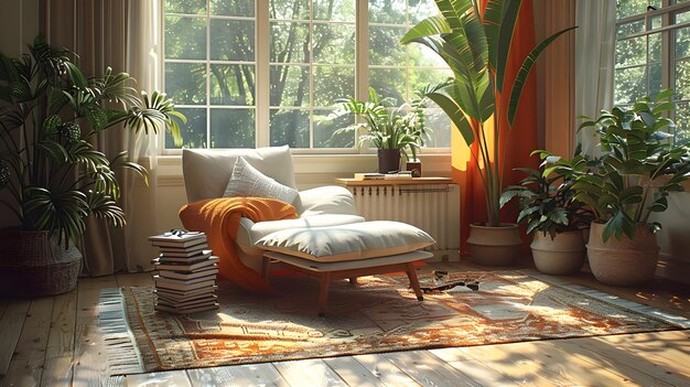 Cozy Living Room with Recliner Plants and Rug 3D Illustration