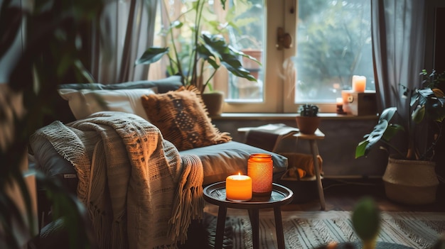 Photo a cozy living room with a soft couch warm blanket and glowing candle creates a relaxing atmosphere