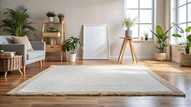 A cozy living room with a soft rug natural light and plants perfect for showcasing home decor furniture or interior design projects