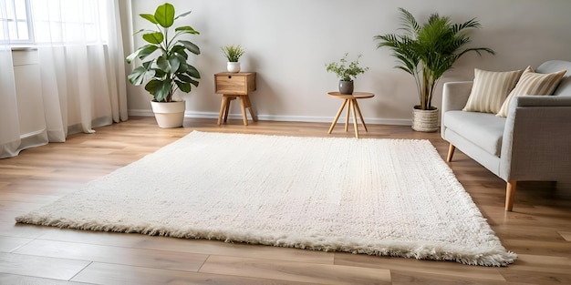 Cozy living room with a soft white rug wooden furniture and lush plants