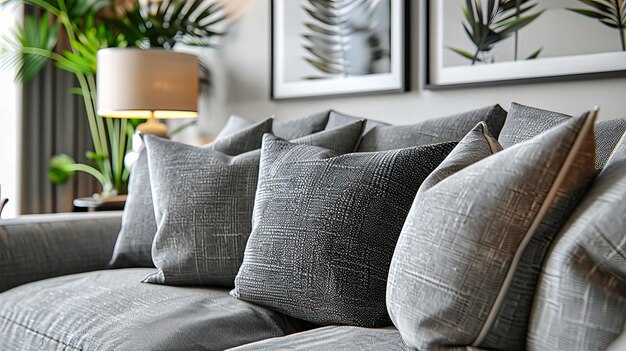 Photo cozy living room with stylish decorative pillows and modern sofa comfortable and chic home interior with textured fabrics