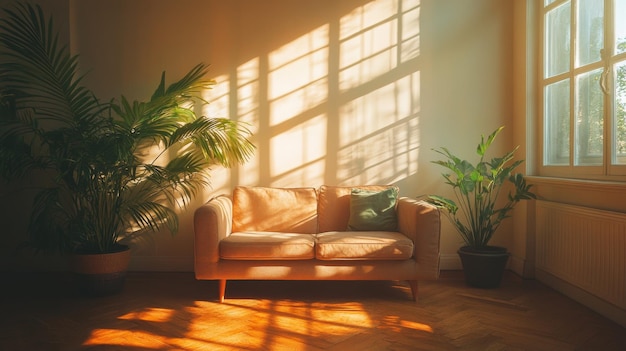 Photo cozy living room with sunlit sofa and indoor plants