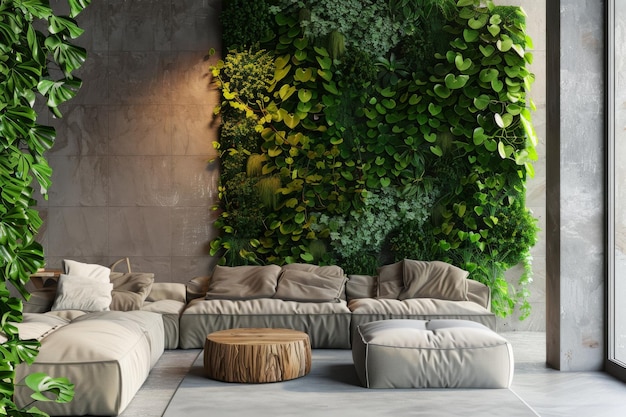 Photo cozy living room with vertical garden on the wall