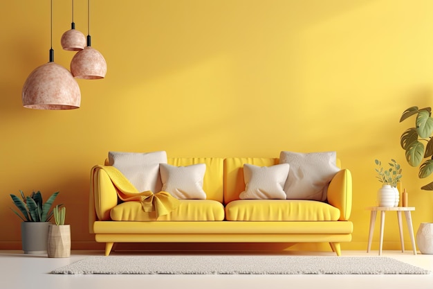 Cozy living room with a vibrant yellow sofa and green potted plants Generative AI