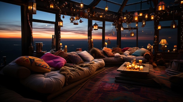 Cozy living room with a view of the sunset