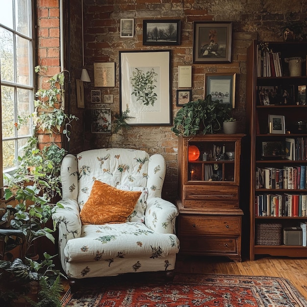 Photo cozy living room with vintage armchair brick wall and bookshelf