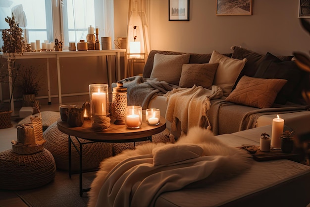 Cozy living room with warm lighting and cozy blankets