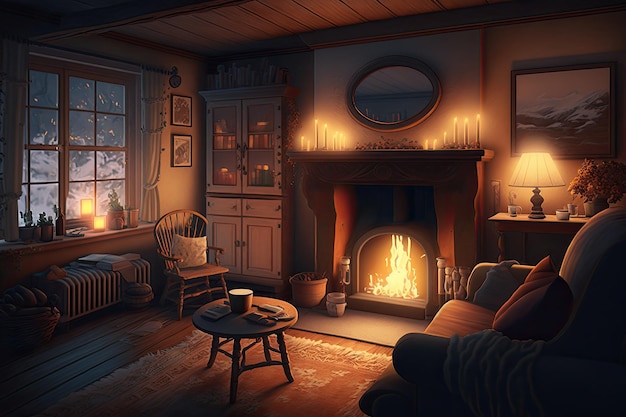 A cozy living room with warm lighting and a fireplace on a winter night