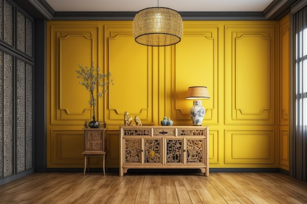 Cozy living room with warm yellow walls and wooden floors Generative AI