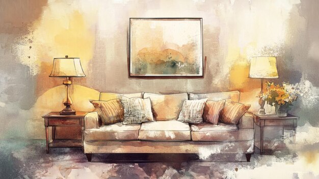 Cozy Living Room with Watercolor Style