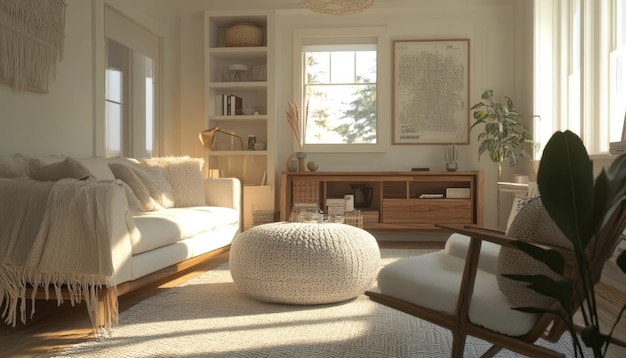 Photo cozy living room with white furniture and natural light